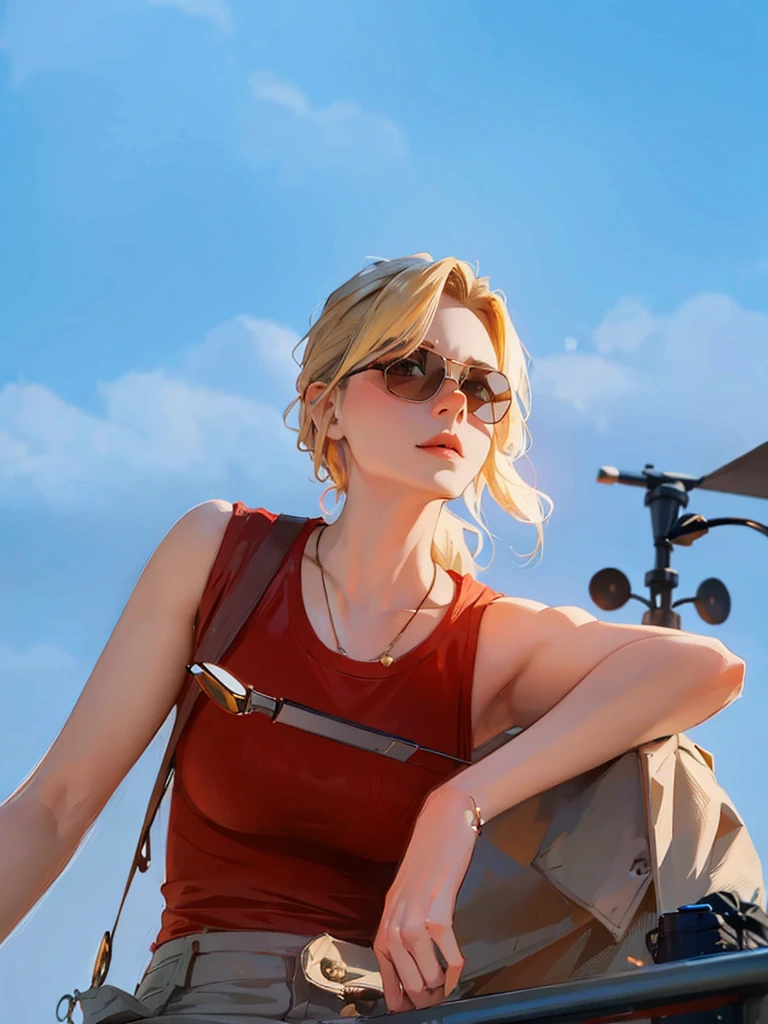 ((Best Quality, 8K, Masterpiece: 1.3)), best quality, ultra high res, blond woman sitting on a rail with a camera and a tripod, with sunglass, avatar image, with sunglasses, erin moriarty, rosamund pike as the doctor, promotional image, aviator sunglasses, red sunglasses and a guitar, designer sunglasses, with dark brown sunglasses, very accurate photo, with navigator shaped glasses, aleksandra waliszewska, promo image