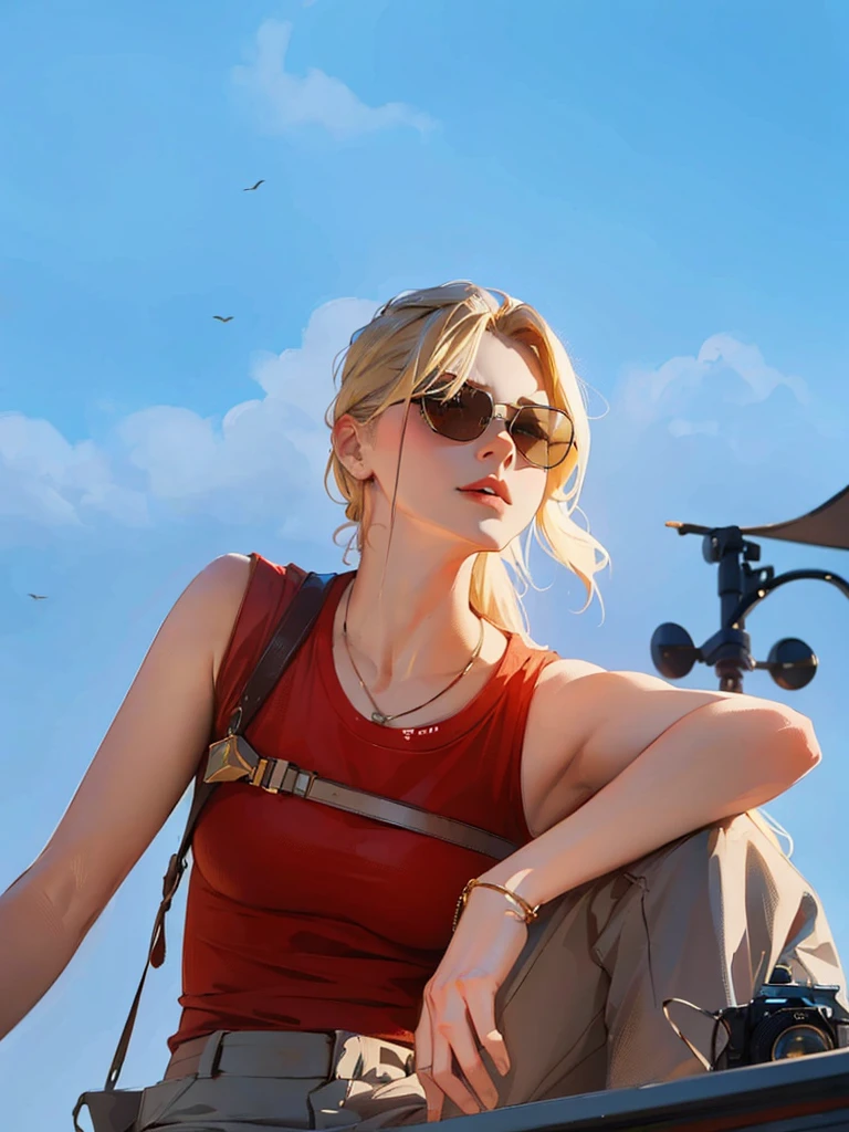 ((Best Quality, 8K, Masterpiece: 1.3)), best quality, ultra high res, blond woman sitting on a rail with a camera and a tripod, with sunglass, avatar image, with sunglasses, erin moriarty, rosamund pike as the doctor, promotional image, aviator sunglasses, red sunglasses and a guitar, designer sunglasses, with dark brown sunglasses, very accurate photo, with navigator shaped glasses, aleksandra waliszewska, promo image