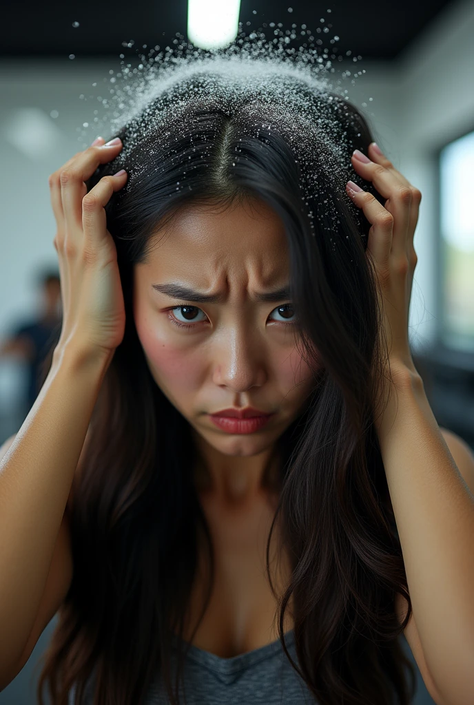 Create an Asian long-haired beauty,Wearing pink tracksuits,Scratching the scalp with both hands,There is a lot of dandruff on the top of the head,White fine dandruff on the top of the head,Fierce and unhappy expression,The characters are realistic and realistic,Gym background,9:16 frames,Ultra-high-definition picture quality