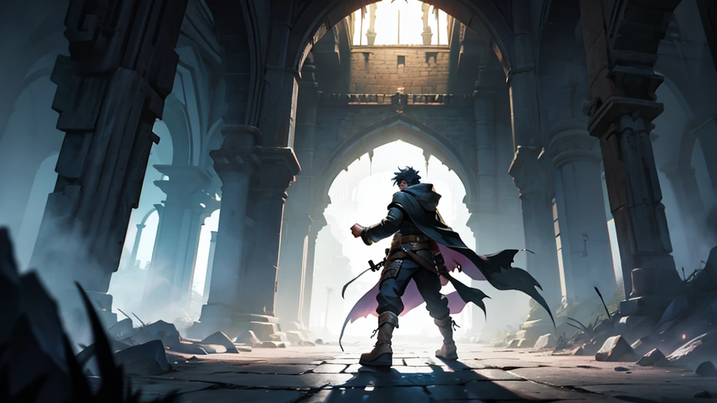 Solo rogue walking through a dark dungeon. Epic Quality. Hi-rez image.