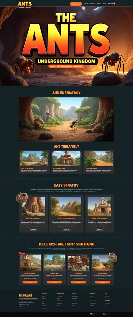 Game enterprise brand official website，strategy game，Little Ant Kingdom，Real ants，Realistic Ant，Gaming websites，3D realistic style，reference：dribbble，Behance and other avant-garde web design creativity，Novel typography，High-end typesetting solutions，Banner picture game font says：The Ants: Underground Kingdom The World's First Ant Strategy Games，