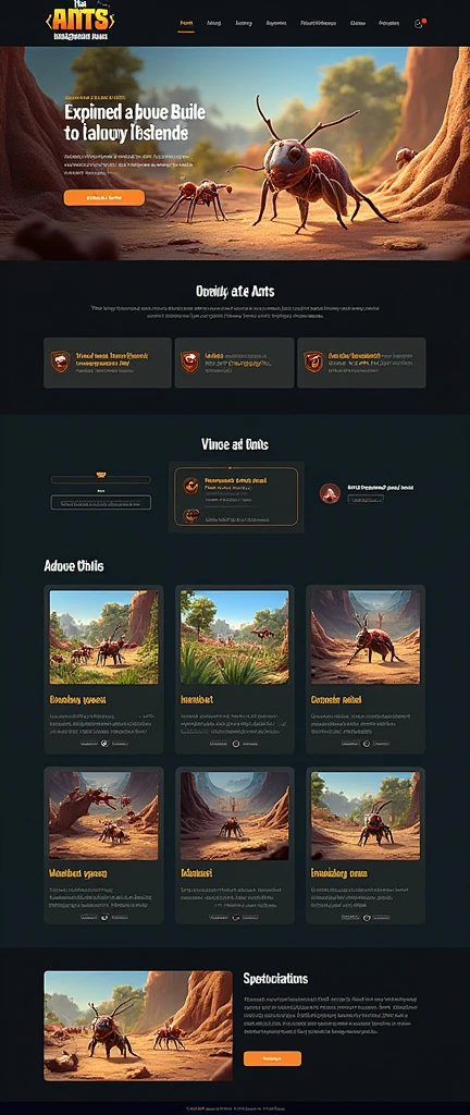 Game enterprise brand official website,strategy game,Little Ant Kingdom,Real ants,Realistic Ant,Gaming websites,3D realistic style,reference:dribbble,Behance and other avant-garde web design creativity,Novel typography,High-end typesetting solutions,Banner picture game font says:The Ants: Underground Kingdom The World's First Ant Strategy Games,
