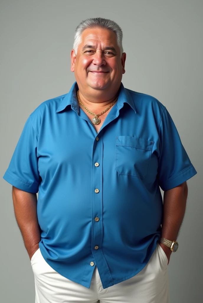 56 years old Latin American, overweight, blue shirt, white pants, gold necklace, short hair, hyper realistic