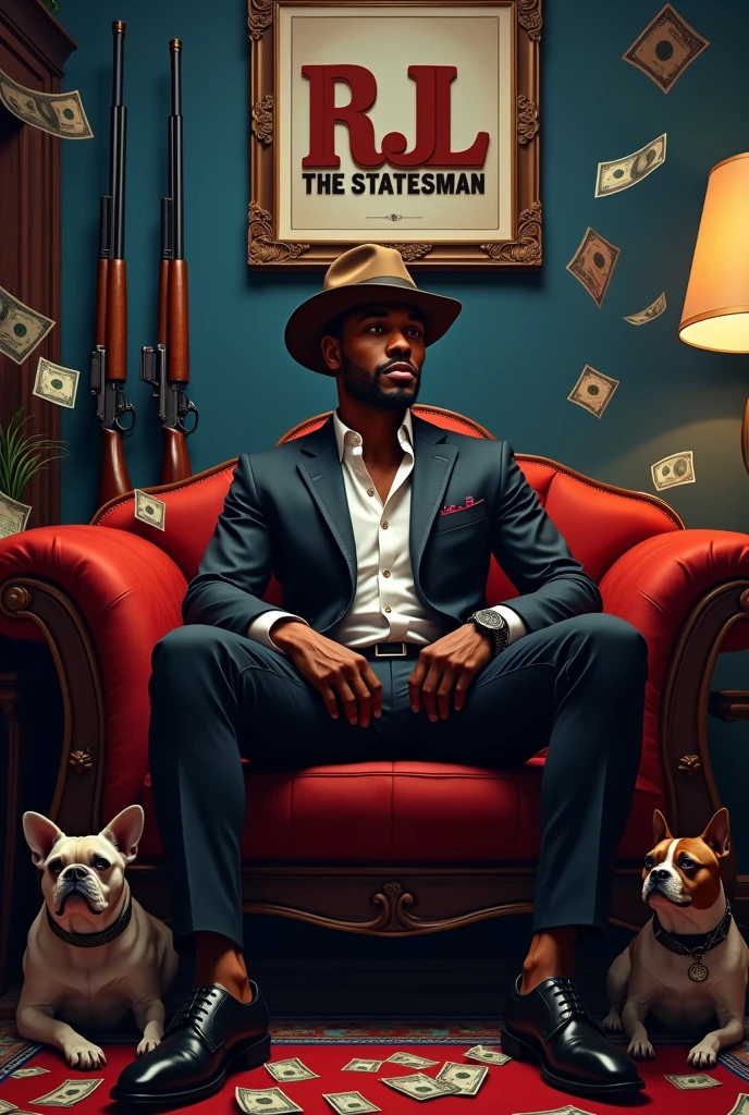 Young 20 brown skin boy sitting on the couch, wearing black suites with white button shirt, brownish black cowboy cap, black slatter shoes, surrounded him by different gun, 2 k9 doys, and write RJL the Statesman above his cap on the wall
Money flying in the room, room color is rometic blue and red.
His suites must have RJL The Statesman