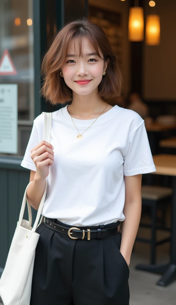 Tabletop、Highest quality、Genuine、Very detailed、finely、High resolution、8k wallpaper、One beautiful woman、light brown disheveled hair、Sharp focus、Perfect dynamic composition、Beautiful and detailed、Thinning hair、詳細なGenuineな肌の質感、smile、Close-up portrait、Model body type、smile、29-year-old Japanese woman、White short-sleeved T-shirt、Black wide pants、Black shiny patent leather belt、necklace,White Tote Bag,Chest-length straight long hair, Center of chest, Natural color lip, Random sexy poses,In front of a cafe near Tokyo Station,Front image、The whole body is shown from head to toe,Anatomically correct body