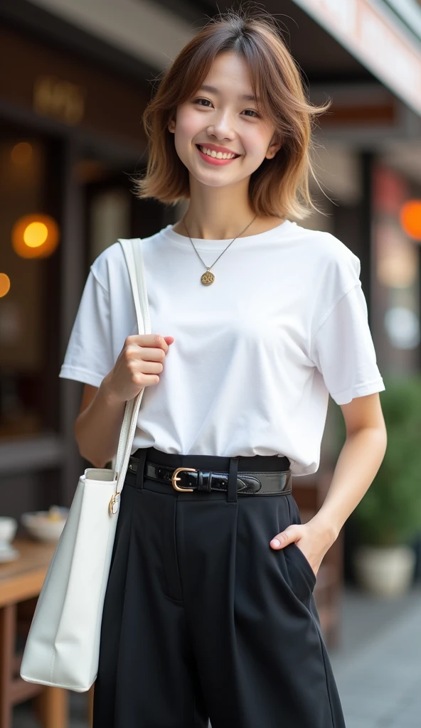 Tabletop、Highest quality、Genuine、Very detailed、finely、High resolution、8k wallpaper、One beautiful woman、light brown disheveled hair、Sharp focus、Perfect dynamic composition、Beautiful and detailed、Thinning hair、詳細なGenuineな肌の質感、smile、Close-up portrait、Model body type、smile、29-year-old Japanese woman、White short-sleeved T-shirt、Black wide pants、Black shiny patent leather belt、necklace,White Tote Bag,Chest-length straight long hair, Center of chest, Natural color lip, Random sexy poses,In front of a cafe near Tokyo Station,Front image、The whole body is shown from head to toe,Anatomically correct body