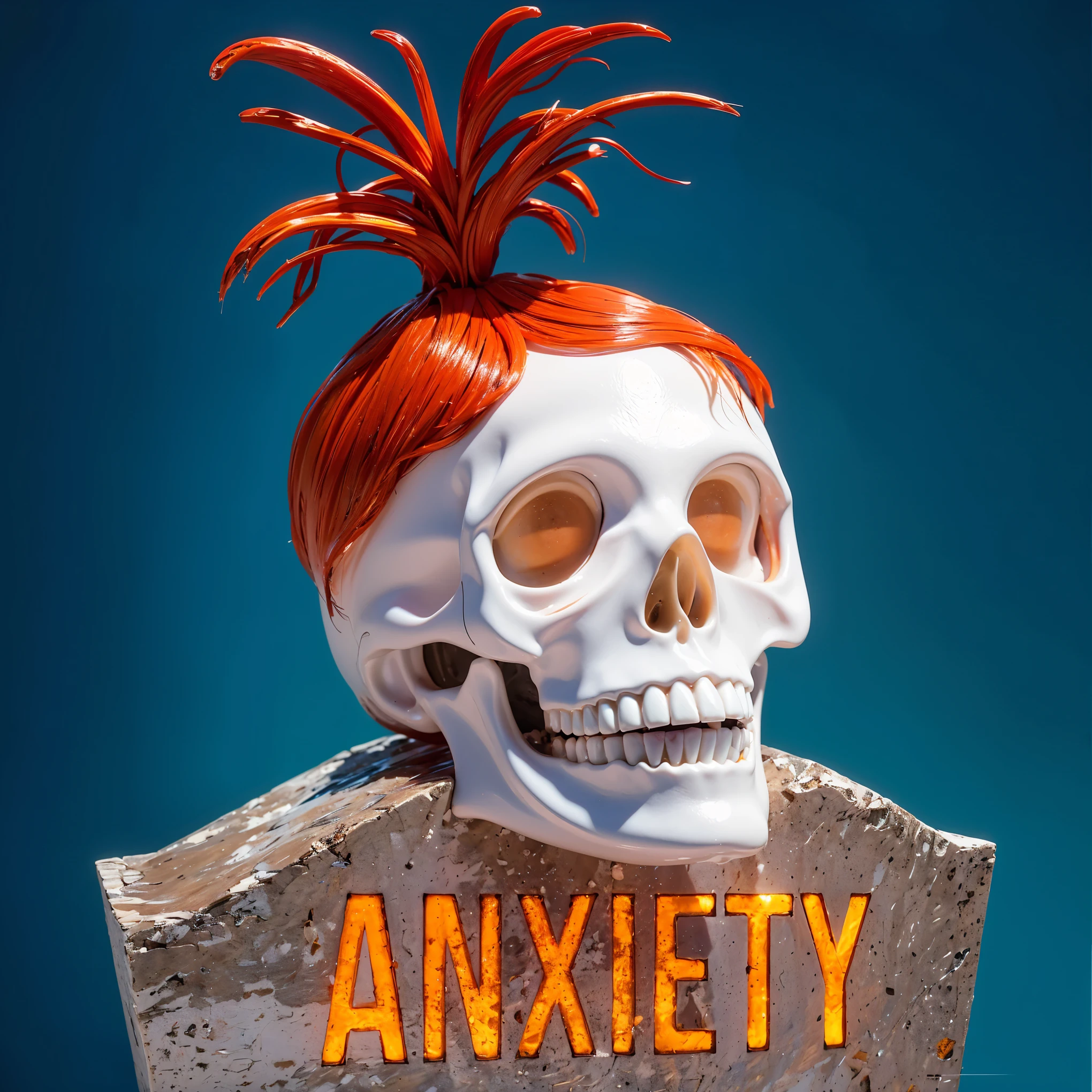 stone tombstone stone tombstone stone tombstone stone tombstone stone tombstone stone tombstone This image presents a striking and humorous juxtaposition—a human skull adorned with vibrant, fiery orange hair that erupts from the top of the cranium in wild, spiky tufts. The skull itself is meticulously detailed, showing the hollow eye sockets, nasal cavity, and a full set of teeth in a closed-mouth grin. The stark white of the skull contrasts vividly against a solid blue background, enhancing the visual impact of the orange hair. This surreal representation combines elements of the macabre with a playful twist, creating a visually intriguing and slightly whimsical piece.The purple background complements the costume, creating a vibrant and engaging scene. (glossy plastic texture with multiple big light probe refractions), perfect cgi, smooth silhouette, high intensity refraction, (super glossy plastic material), most beautiful vfx, , realistic, 4k, high resolution, rim light, smooth 3d model, multiple light sources, rim light, sharp post effects render,, realistic, 4k, high resolution, rim light detailed digital art, reflective, best quality, 4k, masterpiece:1.2, ultra-detailed, realistic, vivid colors, The image of the highest quality, ensuring every detail showcased perfectly. It in 4k resolution, allowing viewers to immerse themselves in the richness of the colors and intricate details. The realistic rendering. under the spotlight, reflecting, high-resolution image, realistic rendering