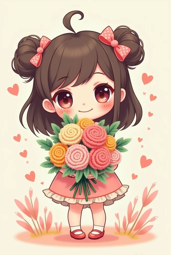 create image of chibi kawaii girl holding a crochet bouquet flowers
