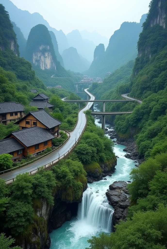 A photograph capturing the unique landscape of Guangxi, China. The image features winding roads, a flowing river, and a waterfall cascading down the rocks. Traditional houses are nestled among the mountains, with lush, green vegetation surrounding them. The scene includes towering karst mountains, characteristic of the region, crisscrossing the landscape. The photo is framed vertically, with a 9:16 aspect ratio, to emphasize the height of the mountains and the depth of the valleys, showcasing the natural beauty of Guangxi