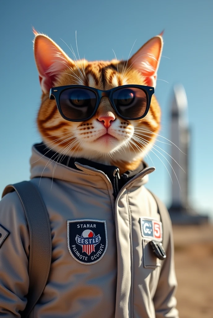 Best mobile wallpapers, Award winning wallpaper, portrait photography, The front image is a cute cat wearing an electronics maintenance technician&#39;s outfit., Side view, Shot with canon eos r5, Setting strong contrast to emphasize the subject, Astronaut suits and trendy sunglasses were the hottest styles of the 1960s., beautiful background, Falcon 9 rocket launch pad background,