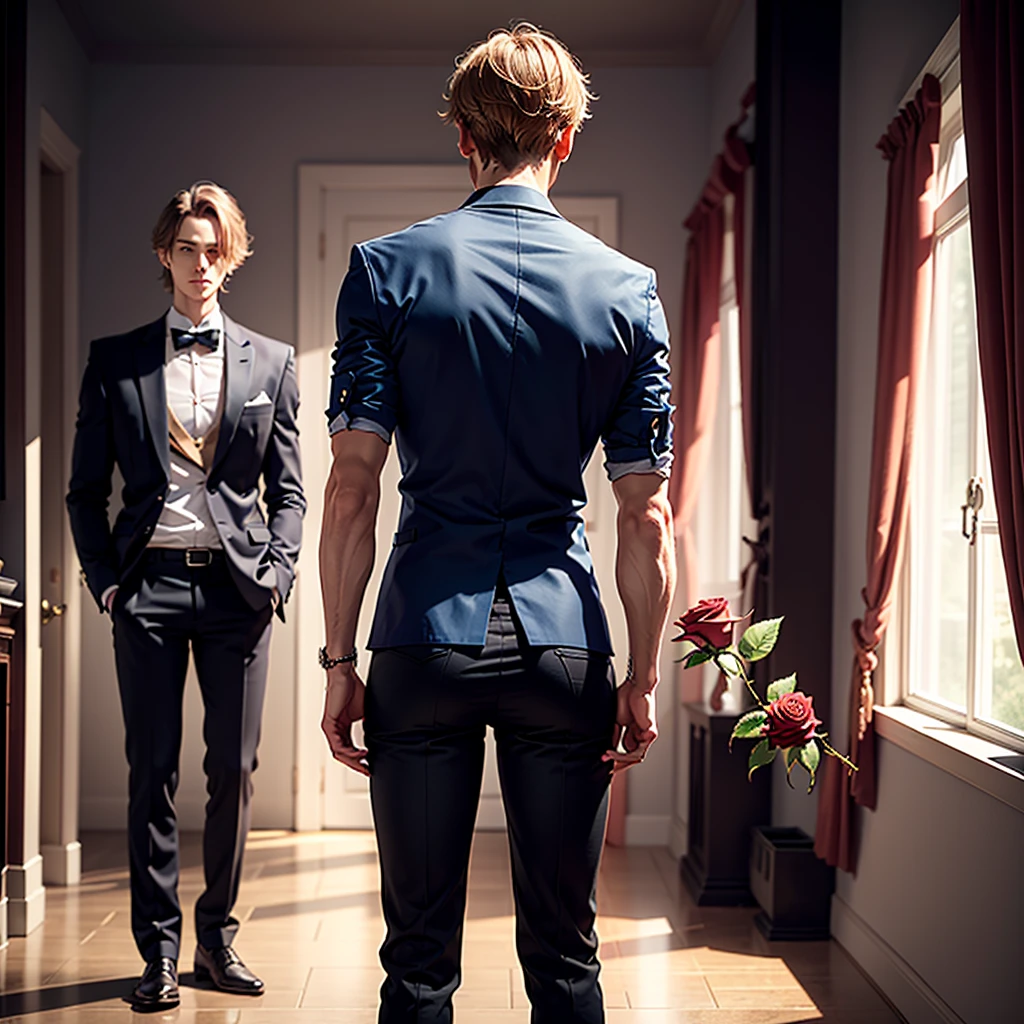 the man stands with his back to his full height, tall man full height, holds one rose behind his back, holds one rose in his hand behind his back, relaxed posture, stylish clothes, Tall, slender man, legs, one hand behind the back holds a rose in his hand, informal clothing