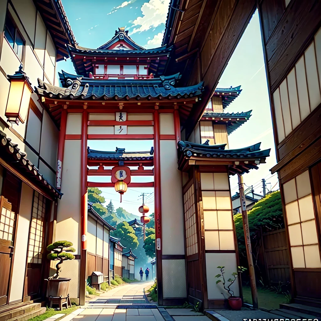 ((rural japanese street corner: 1.3)),  japanese architecture, ((torri gate arching over street: 1.2)), detailed anime artwork, anime scene, ((bright blue sky: 1.0)), extra detailed, very detailed, ((vibrant banners with japanese text: 1.0)), ((big plant pots: 1.05)), ((japanese lanterns: 1.1)), metal trash can, anime style, anime, lofi, lofi vibe, sparkle, cinematic lighting, god rays, glowing light, ((best quality:1.5)), ((masterpiece:1.5)), ((highly detailed:1.3)), ((anime aesthetic:1.2)), ((no one: 1.2)), ((no people: 1.2))
