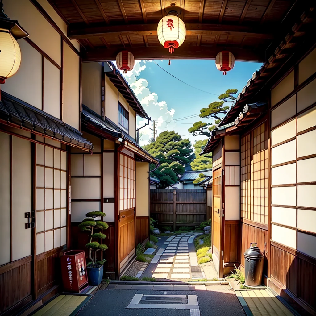 ((rural japanese street corner: 1.3)),  japanese architecture, ((torri gate arching over street: 1.2)), detailed anime artwork, anime scene, ((bright blue sky: 1.0)), extra detailed, very detailed, ((vibrant banners with japanese text: 1.0)), ((big plant pots: 1.05)), ((japanese lanterns: 1.1)), metal trash can, anime style, anime, lofi, lofi vibe, sparkle, cinematic lighting, god rays, glowing light, ((best quality:1.5)), ((masterpiece:1.5)), ((highly detailed:1.3)), ((anime aesthetic:1.2)), ((no one: 1.2)), ((no people: 1.2))
