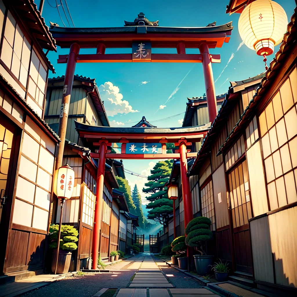 ((rural japanese street corner: 1.3)), japanese architecture, ((torri gate arching over street: 1.2)), detailed anime artwork, anime scene, ((bright blue sky: 1.0)), extra detailed, very detailed, ((vibrant banners with japanese text: 1.0)), ((big plant pots: 1.05)), ((japanese lanterns: 1.1)), metal trash can, anime style, anime, lofi, lofi vibe, sparkle, cinematic lighting, god rays, glowing light, ((best quality:1.5)), ((masterpiece:1.5)), ((highly detailed:1.3)), ((anime aesthetic:1.2)), ((no one: 1.2)), ((no people: 1.2))