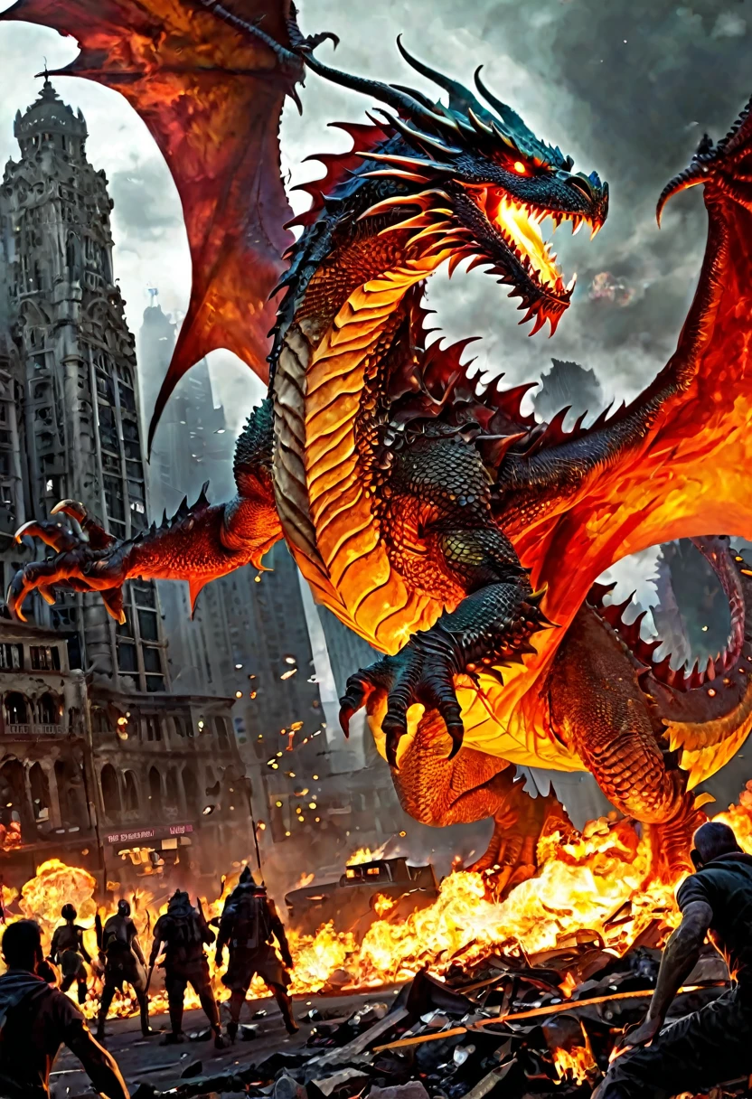 masterpiece, Highest quality, Fantasy、Creatures、Flaming Dragon Zombie、Self-destruct、Lost Life、Burning City、