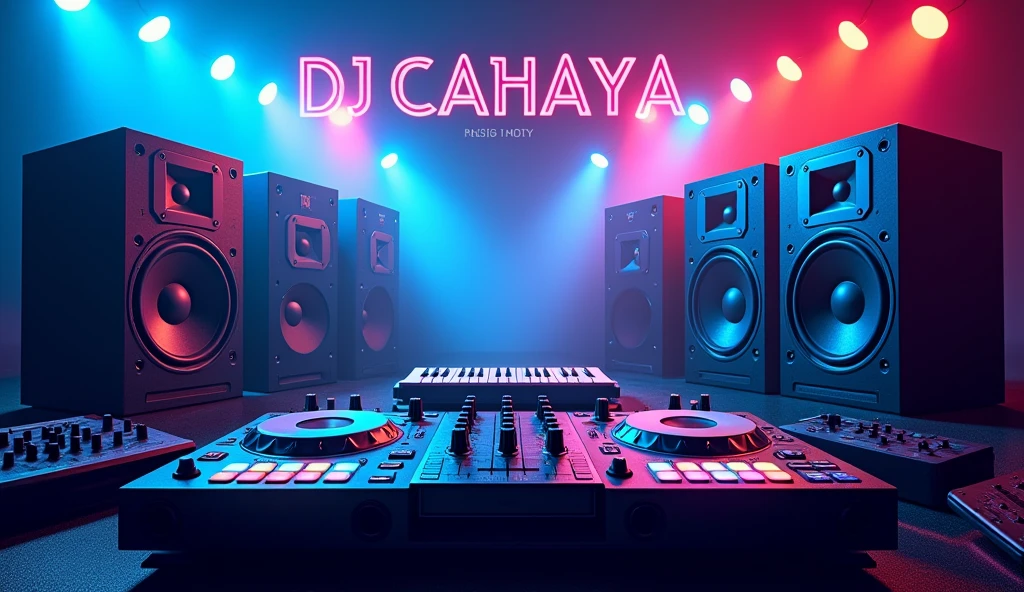 poster with large speakers and musical equipment in the background, neon blue color scheme, big text "DJ CAHAYA MUSIC" in the top left corner, large sound waves coming from speakers, black white yellow green orange purple pink red palette, in the style of photorealistic, in the style of hyper realistic. 30locent disco", background of huge speakers, keyboard and audio equipment in the foreground, neon lights, vector graphics, bright colors, neon blue light effect, musical theme, logo for DJ club "Girlz tasting techno". Vector illustration. A poster with a big sound system, dj music festival flyer or party flyer template design, in the style of ultra realistic photography