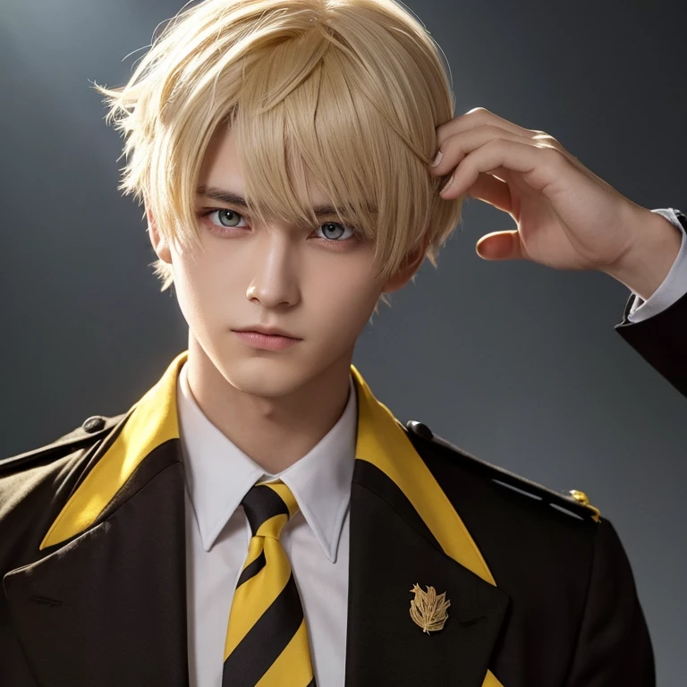 A man with mash hair, wearing a uniform, and yellow eyes.。