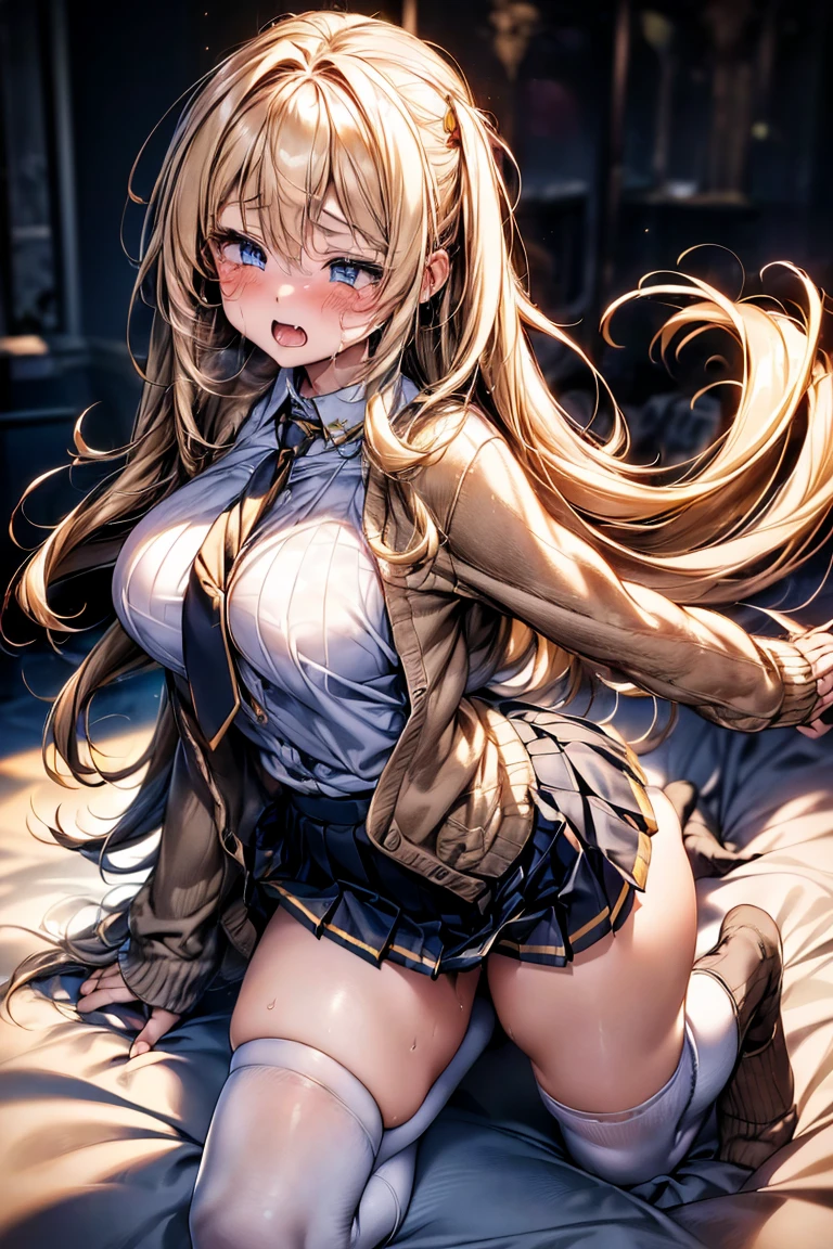 Browsing Caution,​(Highest quality, 8k, masterpiece:1.3,beautiful girl), (Very detailed)Glowing Skin,(((Long Hair,blonde,Beautiful Hair))),(Perfect Anatomy, Anatomically correct, Very detailed肌),((Golden Eyes)),((Perfect Fingers,Five Fingers)),((Light blue collared shirt, Navy pleated mini skirt, socks, Navy tie, Light brown cardigan, White knee socks)),Pink Panties,  Knee-high socks,Knee-high socks on both feet,Double teeth,Big Breasts,Big Ass,Crying face,Tears running down my cheeks,Wipe away your tears with both hands