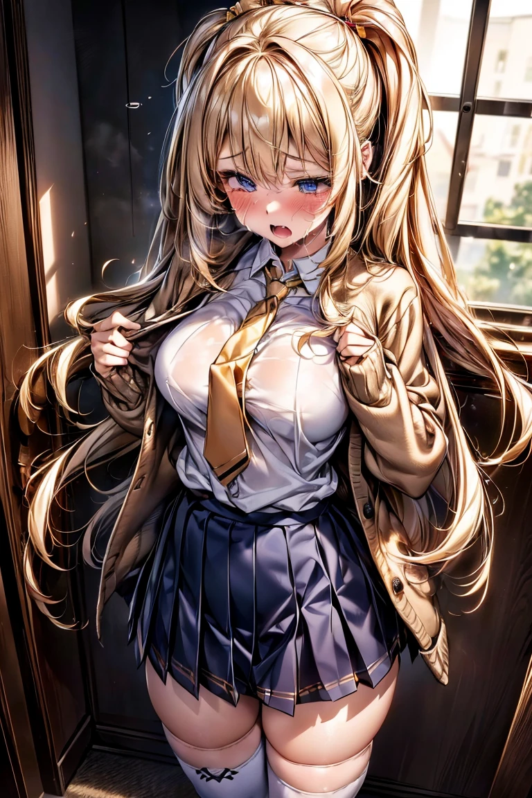 Browsing Caution,(Highest quality, 8k, masterpiece:1.3,beautiful girl), (Very detailed)Glowing Skin,(((Long Hair,blonde,Beautiful Hair))),(Perfect Anatomy, Anatomically correct, Very detailed肌),((Golden Eyes)),((Perfect Fingers,Five Fingers)),((Light blue collared shirt, Navy pleated mini skirt, socks, Navy tie, Light brown cardigan, White knee socks)),Pink Panties, Knee-high socks,Knee-high socks on both feet,Double teeth,Big Breasts,Big Ass,Crying face,Tears running down my cheeks,Wipe away your tears with both hands