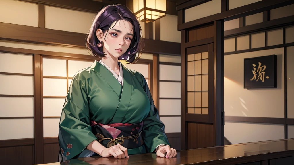 (absurdres, highres, ultra detailed),masterpiece,best quality,high resolution,8k,Realistic face,Realistic skin texture,magnified textures, stunning clarity,(ultra detailed eyes and face),(1 woman:1.5),45 years old,dark purple hair,side parted,short hair,(wrinkles skin:1.1),(disgusted:1.3),monolid eyes,bulging nose,Manager of Onsen Ryokan,dark green kimono,plump body type,Lobby of Japanese Ryokan,(Inside the reception counter),look at viewer,standing