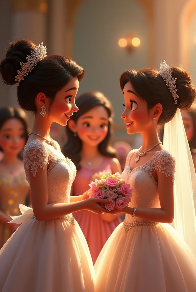 The mother of the bride giving the bride a passbook at the wedding, pixar disney style, 3d , high-aesthetic, cinematic, masterpiece