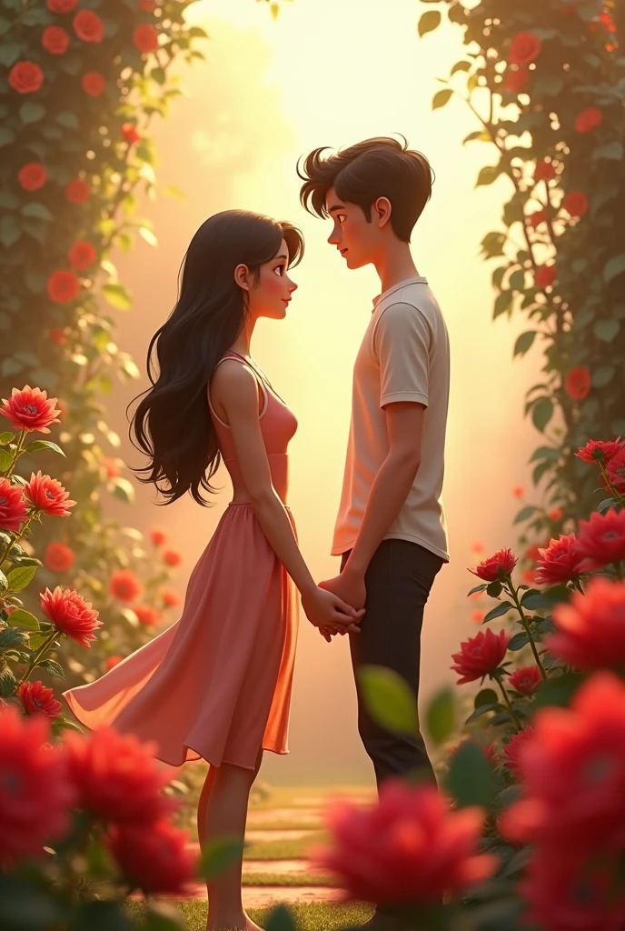 Draw a 3d animation of a 16 year old girl and a 20 year old boy. The boy and the girl are looking forward and standing holding each other's hands. Draw roses in the background.
Live translation