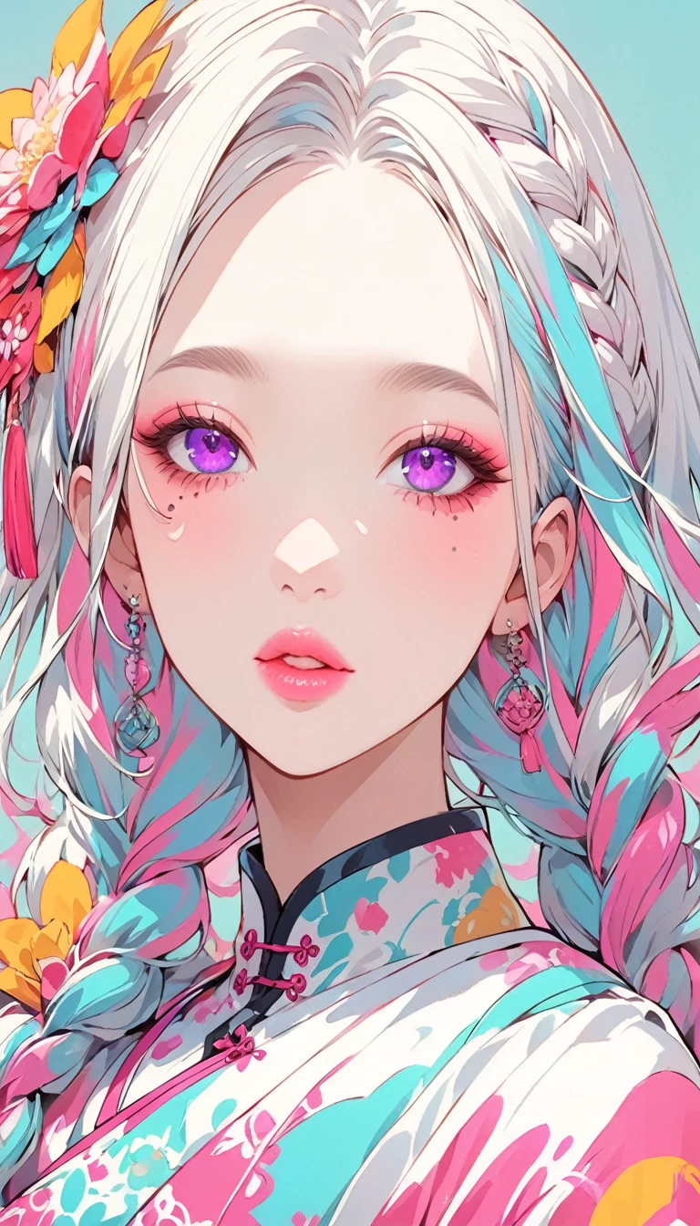 (Highest quality:1.4, City Pop Style, Very detailed, up to date, Vibrant, High Contrast, ), Gal, One girl, alone, ((Face Up Shot:1.4)), Neon Color Hair, Braid, Droopy eyes, Long Hairstyles, pastel colour, China dress, flower, Portraiture, asymmetrical bangs, Purple eyes, Cute Face. Lips in Love, Stylish design, Pure light blue background.