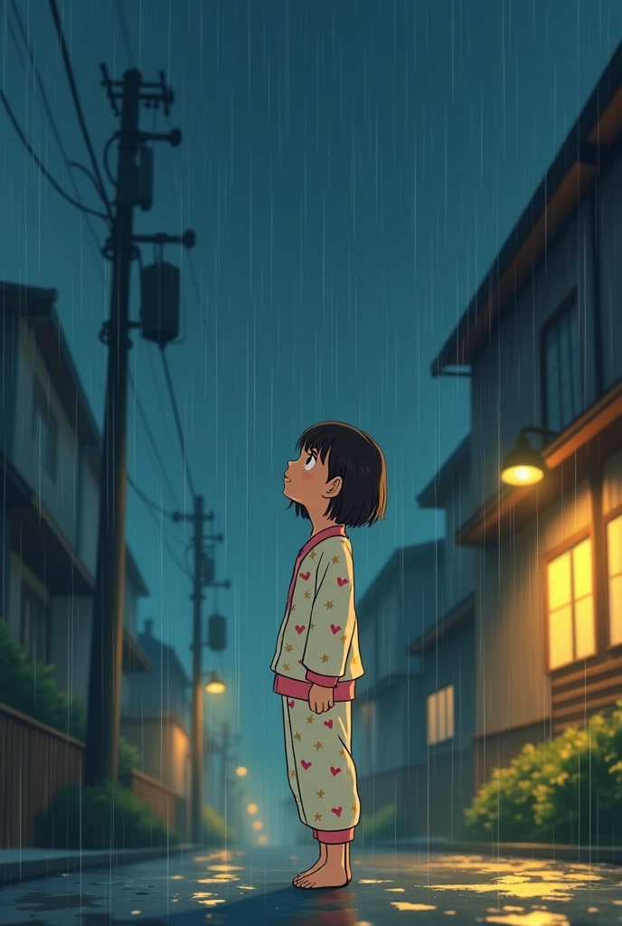 Ghibli-style illustration: Girl in pajamas, rain, night