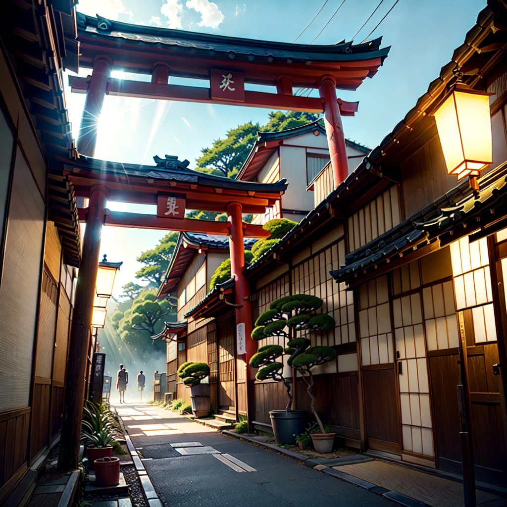 ((score_9, score_8_up, score_7_up, score_6_up)), ((rural japanese street corner: 1.3)), japanese architecture, ((torri gate arching over street: 1.2)), detailed anime artwork, anime scene, ((bright blue sky: 1.0)), extra detailed, very detailed, ((vibrant banners with japanese text: 1.0)), ((big plant pots: 1.05)), ((japanese lanterns: 1.1)), metal trash can, anime style, anime, lofi, lofi vibe, sparkle, cinematic lighting, god rays, glowing light, ((best quality:1.5)), ((masterpiece:1.5)), ((highly detailed:1.3)), ((anime aesthetic:1.2)), ((no one: 1.2)), ((no people: 1.2))
