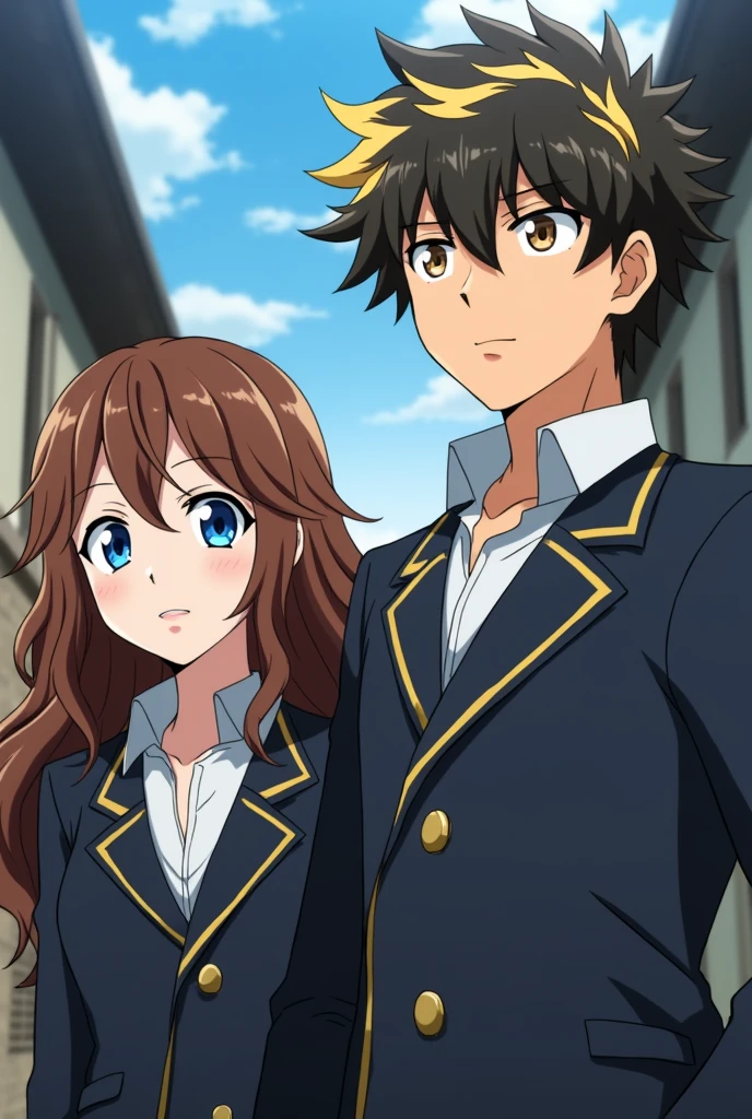 screenshot of my hero academia.
Chica linda white tea, Long wavy brown hair with blonde highlights, blue eyes, He has a serious expression. He is wearing the UA uniform, and in the background there is a hallway of the UA and it is looking forward. Next to her is a tall, handsome boy with short, wavy brown hair with blonde highlights., eyes the color of honey , white tea, with serious expression . He is wearing the UA uniform y está mirando al frente.