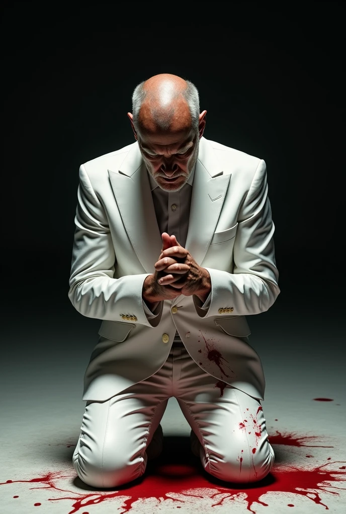 Hyper-realistic image of a man in a white suit covered in blood kneeling and praying