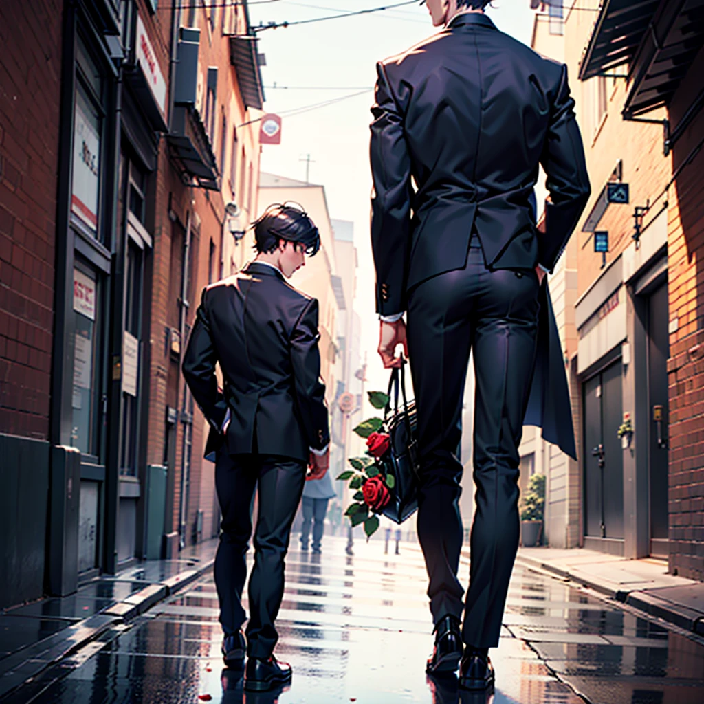 the man stands with his back to his full height, tall man full height, holds one rose behind his back, holds one rose in his hand behind his back, relaxed posture, stylish clothes, Tall, slender man, legs, one hand behind the back holds a rose in his hand, informal clothing