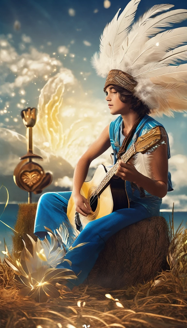 Create a cinematic, abstract symbol for a storytelling production brand based on stories and dreams called " Penamemoria". The logo should convey a fantasy theme and include the company of a boy and a feather. Fantastic, memorable, poetic, dreamy, sitting against a tree and playing guitar to a fantastic, unique, poetic white-blue-golden feather.
