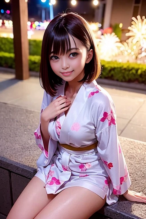 (Fireworks display)、(Cute Yukata、Beautiful yukata、Sexy Yukata、Yukata Cosplay)、Girl sitting on stone steps、21 years old、smile、Long and raw々new legs、(The chest is wide open、Short Bob Hair、Mid-chest、masterpiece:1.3、RAW Photo Quality、Highest quality、Detailed Images、Detailed Background、