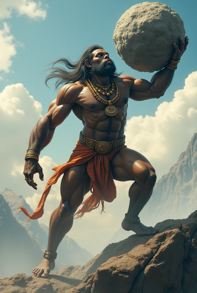 Bhagavan Hanuman ji ,on one hand big mountain, flying sky