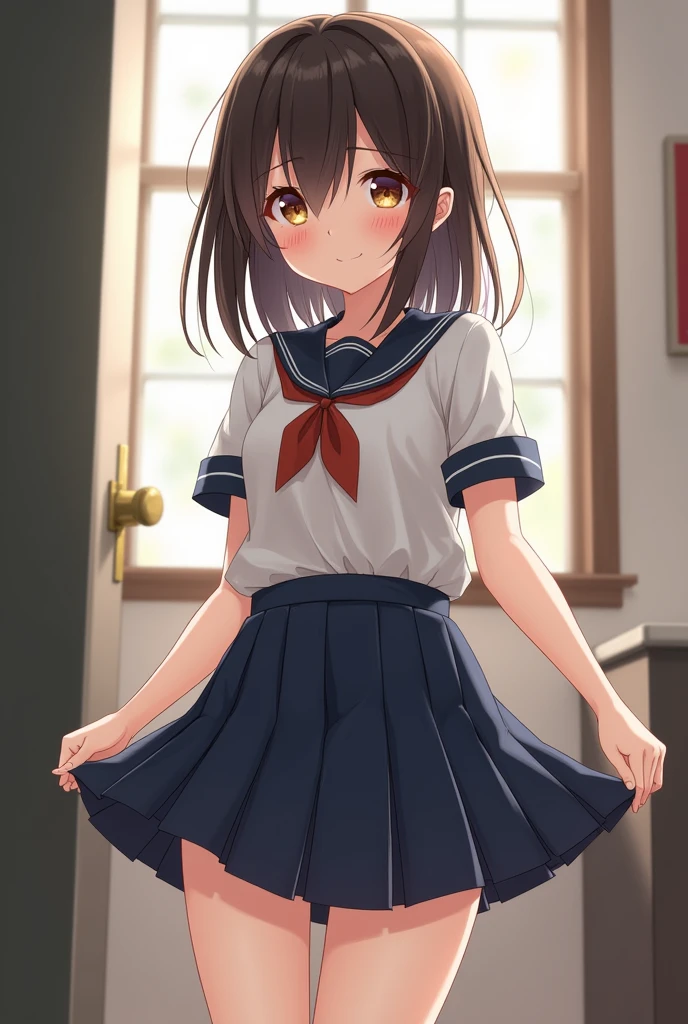 A girl in a uniform is blushing as she lifts her skirt to show her underwear