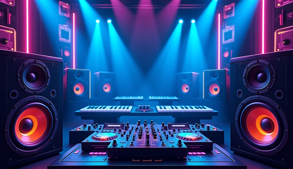 poster with large speakers and musical equipment in the background, neon blue color scheme, big text "DJ CAHAYA MUSIC" in the top left corner, large sound waves coming from speakers, black white yellow green orange purple pink red palette, in the style of photorealistic, in the style of hyper realistic. 30locent disco", background of huge speakers, keyboard and audio equipment in the foreground, neon lights, vector graphics, bright colors, neon blue light effect, musical theme, logo for DJ club "Girlz tasting techno". Vector illustration. A poster with a big sound system, dj music festival flyer or party flyer template design, in the style of ultra realistic photography