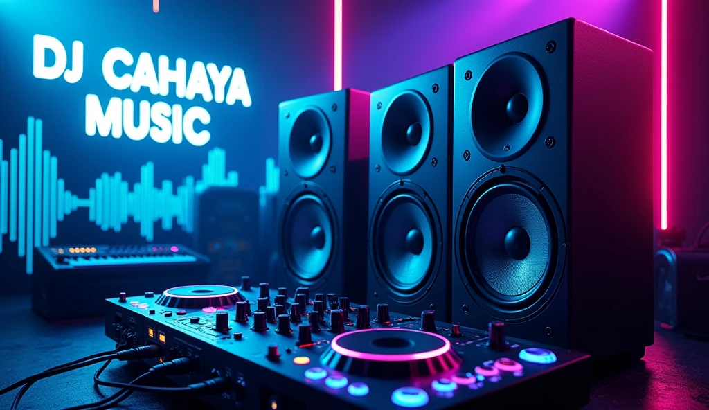 poster with large speakers and musical equipment in the background, neon blue color scheme, big text "DJ CAHAYA MUSIC" in the top left corner, large sound waves coming from speakers, black white yellow green orange purple pink red palette, in the style of photorealistic, in the style of hyper realistic. 30locent disco", background of huge speakers, keyboard and audio equipment in the foreground, neon lights, vector graphics, bright colors, neon blue light effect, musical theme, logo for DJ club "Girlz tasting techno". Vector illustration. A poster with a big sound system, dj music festival flyer or party flyer template design, in the style of ultra realistic photography