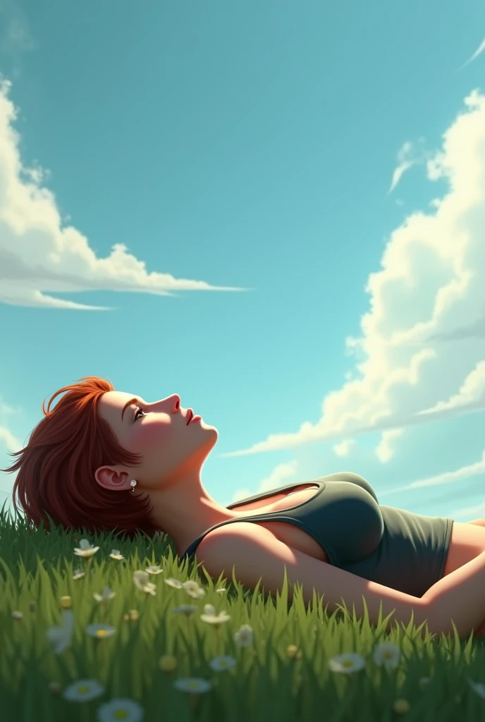 meg thomas from dead by daylight game lying on the grass looking at the sky