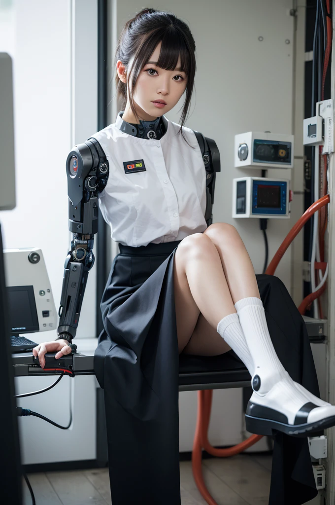 masterpiece, best quality, extremely detailed, Japaese android girl,Plump , control panels,android,Droid,Mechanical Hand, Robot arms and legs, Black hair,Blunt bangs,perfect robot girl,long tube,thick cable connected her neck,android,robot,humanoid,cyborg,japanese cyborg girl ,future laboratory,connecting a cable between the legs,skirt, high socks