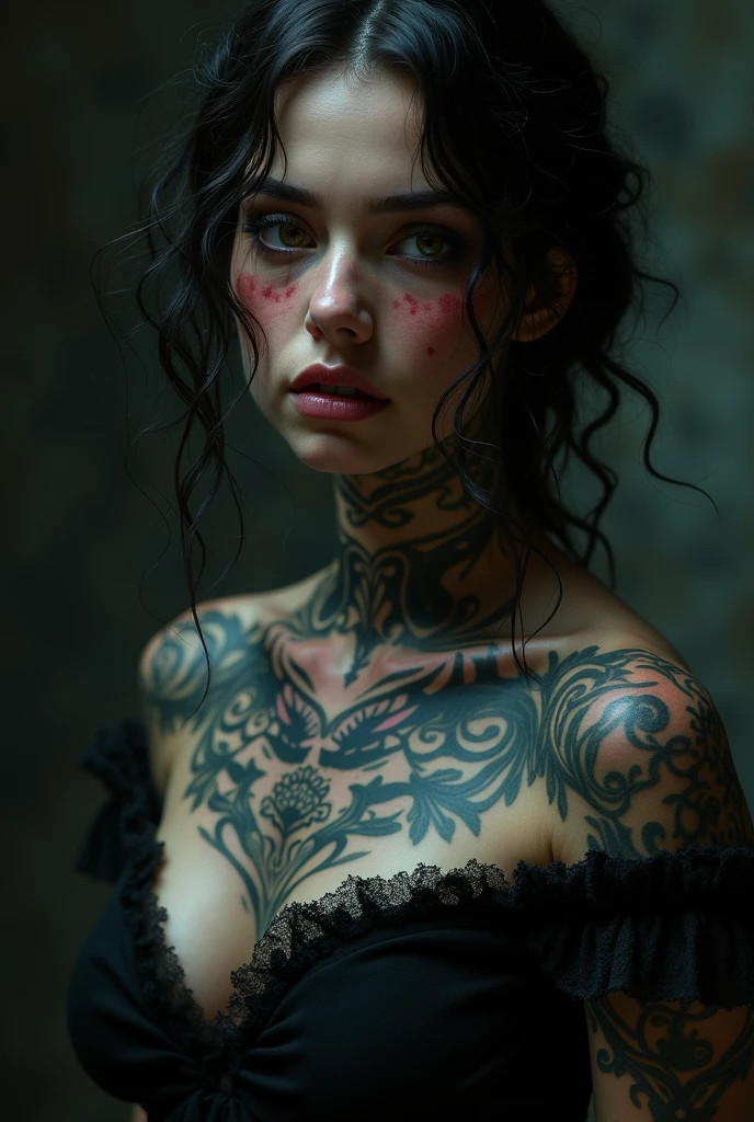 Tattoo Girl, so beautiful, Murderous,  betrayal, anger, Dark Background, 8k, Dynamic Wallpapers, Very delicate, very dark  