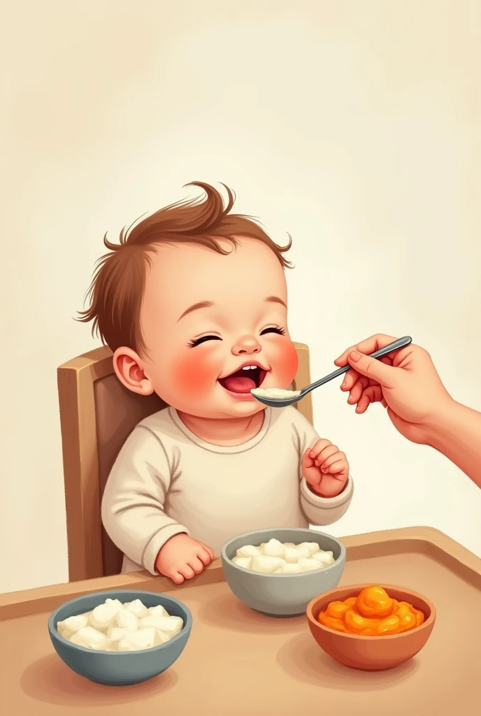 Illustration of a baby eating baby food Warm atmosphere Peaceful atmosphere Being fed porridge and vegetable paste with a spoon The porridge is white Small bowl Carrot paste in a small bowl Open
