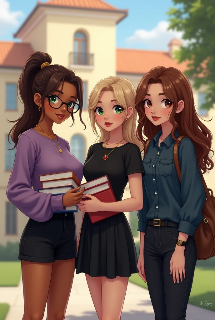(photorealism:1.2
3 women standing in front of a college building which is of creame colour
Woman 1: A beautiful and cute young lady with golden bronze skin and freckled face with light brown hair tied back in a high pony tail. With green eyes wearing circular specs and glossy maroon tinted lips . She is wearing an oversized purple top and cute black skirt and inch above her knees and holding books in her hands.
Woman 2 : A beautiful young lady who is 3 inches taller than woman 1 has thick wavy blonde hair, fair white skin, and bright red lips and black eyes .she is wearing a beautiful black dress 2 inches above her knees and has a pendant on her neck with red stone.
Woman 3 : A beautiful young lady who is 2 inches taller than woman 2 with long hair till her chest , and have brown eyes and has honey skin tone. Kind of tomboyish wearing dark blue shirt and black jeans wearing bag on one shoulder.
