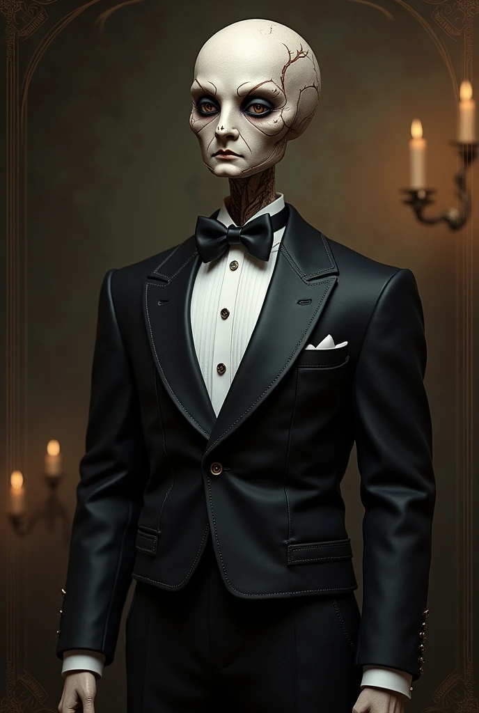 A voodoo doll in a tuxedo
 suit and tie