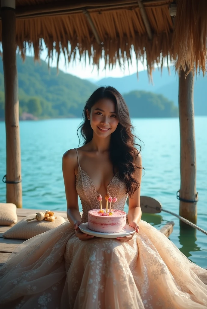 Lake Toba,potret full badan seorang wanita muda cantik indonesia menawan aduhai memakai gaun indah duduk di gubug samping Lake Toba,while holding a birthday cake,gift,on the side there is writing happy birthday CATHELYA,typography,cinematic,Blue sky,smile