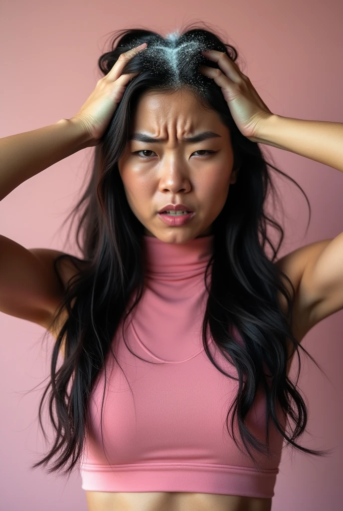 Create an Asian long-haired beauty,Wearing a pink turtleneck yoga outfit,Scratching the scalp with both hands,There is a lot of dandruff on the top of the head,White fine dandruff on the top of the head,Fierce and unhappy expression,The characters are realistic and realistic,Gym background,9:16 frames,Ultra-high-definition picture quality