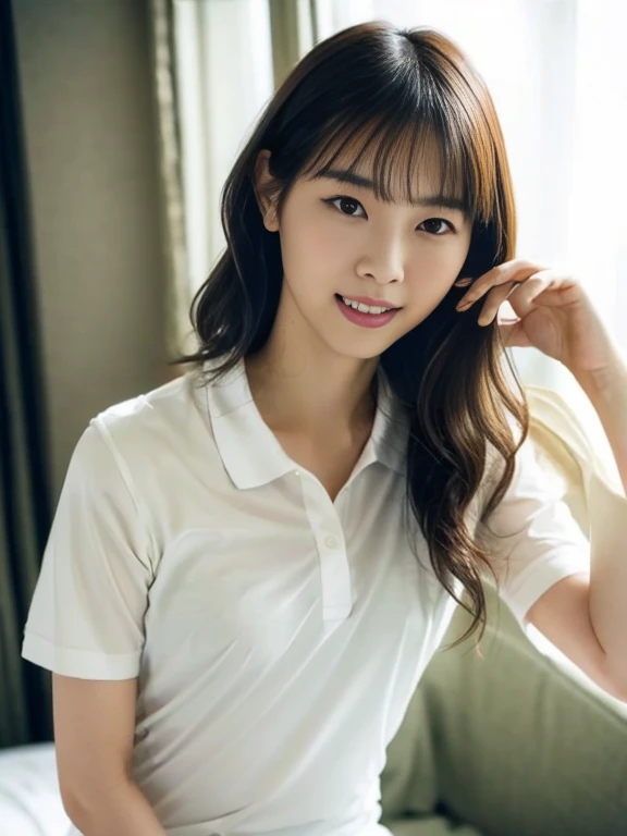 (Masterpiece, Best quality:1.3), (Ultra realistic, Photo-realistic:1.2), From above, From side, Natural light, 28 years old actress, Japanese 2 women, Neat and clean, (White tennis uniform, White short-sleeve polo shirt with darknavy line collar:1.1), (unbutton:1.3), (White tennis skirt:1.1), white sock, (short wavy hair:1.2), (Beautiful face), Oval face, clear, Beautiful eyes, Kind eyes, Clear skin, Small face, Beautiful mouth, Small mouth, Natural makeup, Approachable, (nsfw:1.2), Seductive smile, (Seductive pose:1.3), (Beautiful thighs:1.1), (Bedroom eyes:1.1), Embarrassed, Blush, Luxury hotel Suite room, On bed, Hidden camera installed in suite room captures obscene reality of school girls , (lesbian couple , petting together:1.1),