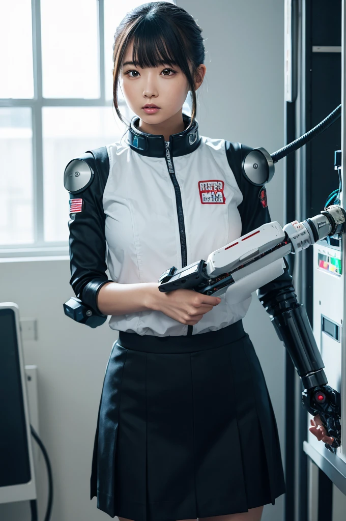 masterpiece, best quality, extremely detailed, Japaese android girl,Plump , control panels,android,Droid,Mechanical Hand, Robot arms and legs, Black hair,Blunt bangs,perfect robot girl,long tube,thick cable connected her neck,android,robot,humanoid,cyborg,japanese cyborg girl ,future laboratory,connecting a cable between the legs,skirt, high socks