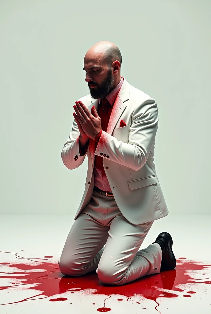 Hyper-realistic image of a man in a white suit covered in blood kneeling and praying