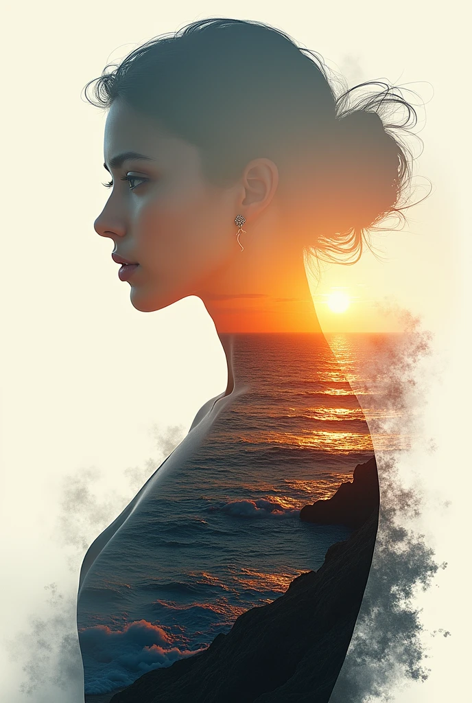 high quality, 8K Ultra HD, A beautiful double exposure that combines an goddess silhouette with sunset coast, sunset coast should serve as the underlying backdrop, with its details incorporated into the goddess , crisp lines, The background is monochrome, sharp focus, double exposure, by yukisakura, awesome full color,
